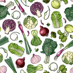 Vector vegetables food pattern on white background. Colored farm products.