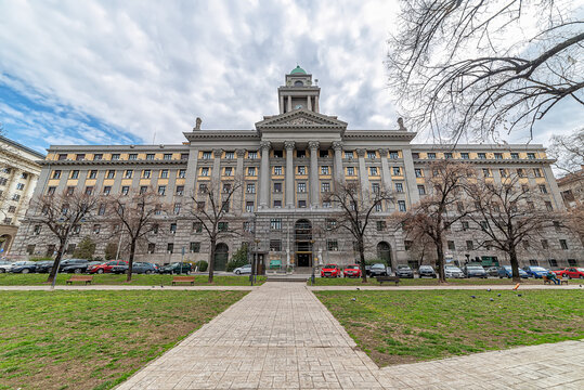 Belgrade, Serbia - March 28, 2021: Business building of "Serbian Railways", Railway Museum and the Traffic Institute CIP. Hajduk Veljko Park in center of Belgrade, Serbia.