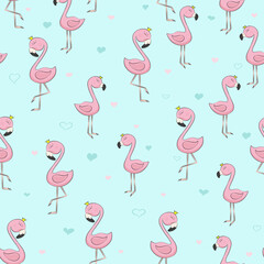 Seamless pink flamingo princess. Cartoon. Can used for print design, greeting card, baby shower, poster, fabric, textile, nursery t-shirt, kids apparel.