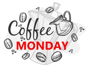 Coffee monday, beans and cezve with brewed drink