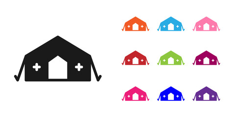 Black Military medical tent providing first aid to a patient icon isolated on white background. Medical tent free aid to people. Set icons colorful. Vector