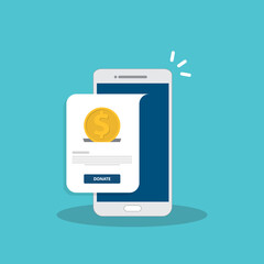 Donate online concept. Smartphone with gold coin and button on screen.	