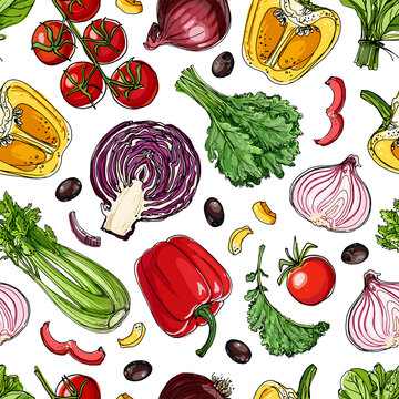 Vector vegetables food pattern on white background. Colored farm products.