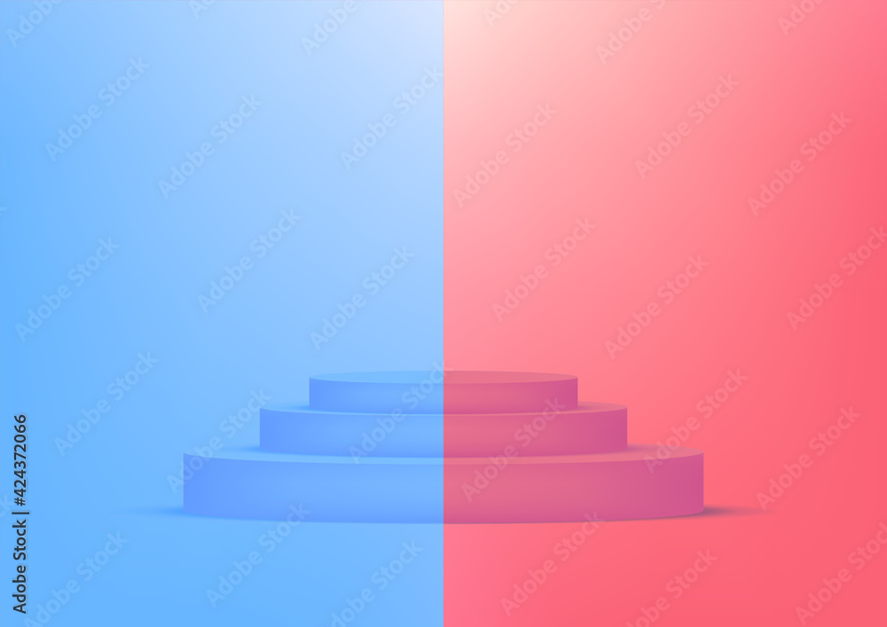 Poster empty podium studio red and blue background for product display with copy space. showroom shoot rend