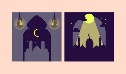 set of mosques on night background in flat or vector illustration