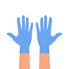 Obraz premium Hands putting on protective blue gloves. Hands in sterile blue gloves.