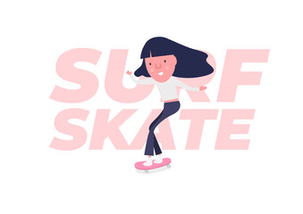 Young woman go surfing with skateboard or surf skate. Funny cartoon character.