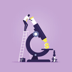 Financial research and analysis concept, money rate and management, Businessman Analysis dollar sign under a microscope, Money devaluation, economic crisis, global recession
