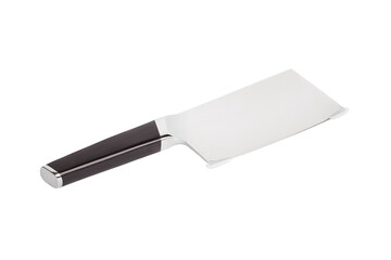 Meat cleaver from stainless steel with wooden handle isolated on white background. Kitchen knife for chopping meat.

