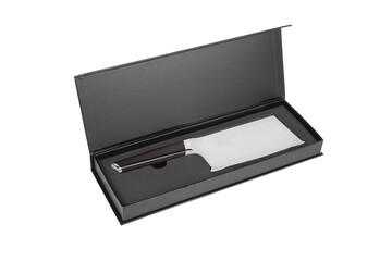 Stainless steel butcher's knife on black box. Meat cleaver knife.