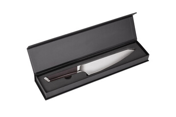 Carving knife with wooden handle in Black box isolated on white background. Knife for carving cooked meat into slices.
