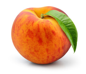 Peach isolated. Peach with leaf on white background. Full depth of field.
