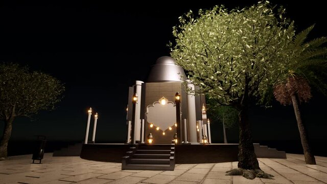 Lanterns Background with islamic architectural dome night time