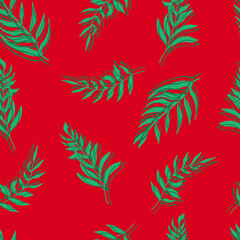 Fototapeta na wymiar seamless pattern palm leaves green leaves and contours on background. For textiles, packaging, fabrics, wallpapers, backgrounds, invitations. Summer tropics hand illustration