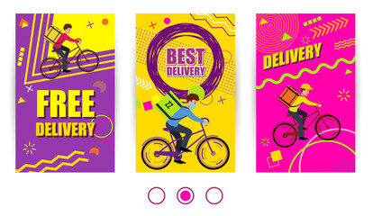 Free delivery and Best delivery text. Set Banner delivery with courier on bike.