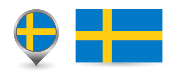 Vector flag Sweden. Location point with flag Sweden inside.