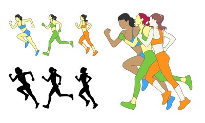 Three running girls. Silhouettes of girls who run. Full color vector illustration in flat style