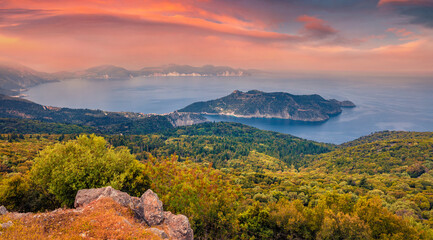 Aerial landscape photography. Splendid morning view of Asos peninsula. Colorful morning seascape of Ionian Sea. Amazing sunrise on Kephalonia island, Greece, Europe. Traveling concept background.
