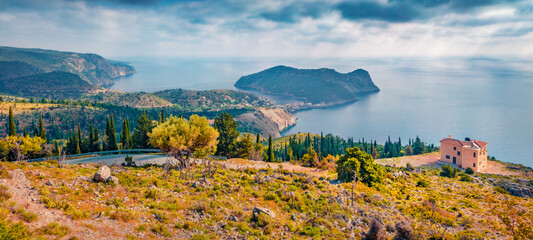 Obraz premium Beautiful spring scenery. Panoramic morning view of Asos peninsula and town. Dramatic spring seascape of Ionian Sea. Amazing outdoor scene of Kephalonia island, Greece, Europe.