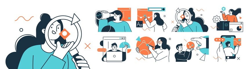 Business Concept illustrations. Collection of scenes with men and women taking part in business activities