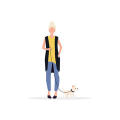 A woman on a walk with her dog on a leash. Time with your pet. Flat style. Vector lustration.