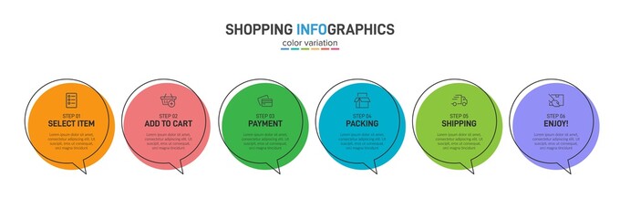 Concept of shopping process with 6 successive steps. Six colorful graphic elements. Timeline design for brochure, presentation, web site. Infographic design layout.