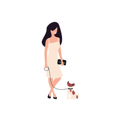 A woman on a walk with her dog on a leash. Time with your pet. Flat style. Vector lustration.