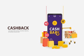 Cashback concept with golden coins from shopping bags. Financial mobile app, application for shopping