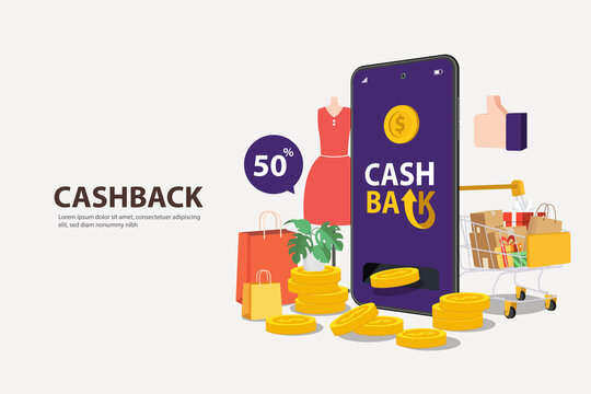 Cash Back Vector Finance Banner. Refund Gold Coins Illustration With Smartphone On Purple Background. Cashback Mobile App Or Program Concept