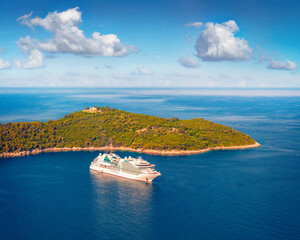 Beautiful marine scenery. Colorful summer seascape of Adriatic sea. Aerial morning view of cruise...