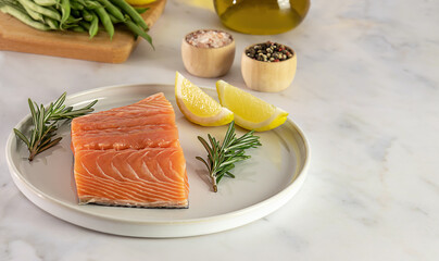 Fresh raw Atlantic salmon. Great source of omega-3 fatty acids and protein. Keto diet, healthy food. copy space for recipe.