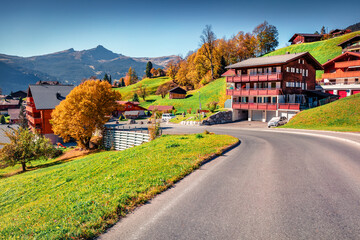 Beautiful rural scenery. Splendid autumn view of Grindelwald village. Wonderful morning scene of...
