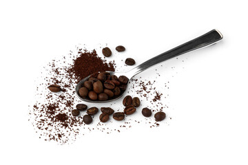 Coffee beans and powder isolated on white background.