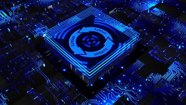 Technology background in abstract motion - rotating update sign with UPDATE lettering on processor surface - stylized data flow on motherboard - software update computer program