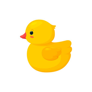 Rubber duck isolated in white background. Side view of yellow plastic duckling toy. Vector illustration in cartoon style
