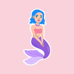 Cute little mermaid sticker, magical funny princess character, hand drawn pretty girl, blue hair and purple tail badge in flat cartoon style, underwater concept, modern trendy illustration isolated