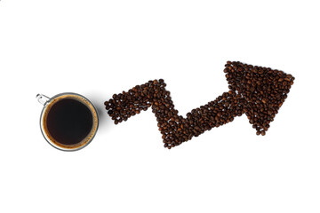 Coffee and arrow from coffee beans isolated on white background. Concept of energy