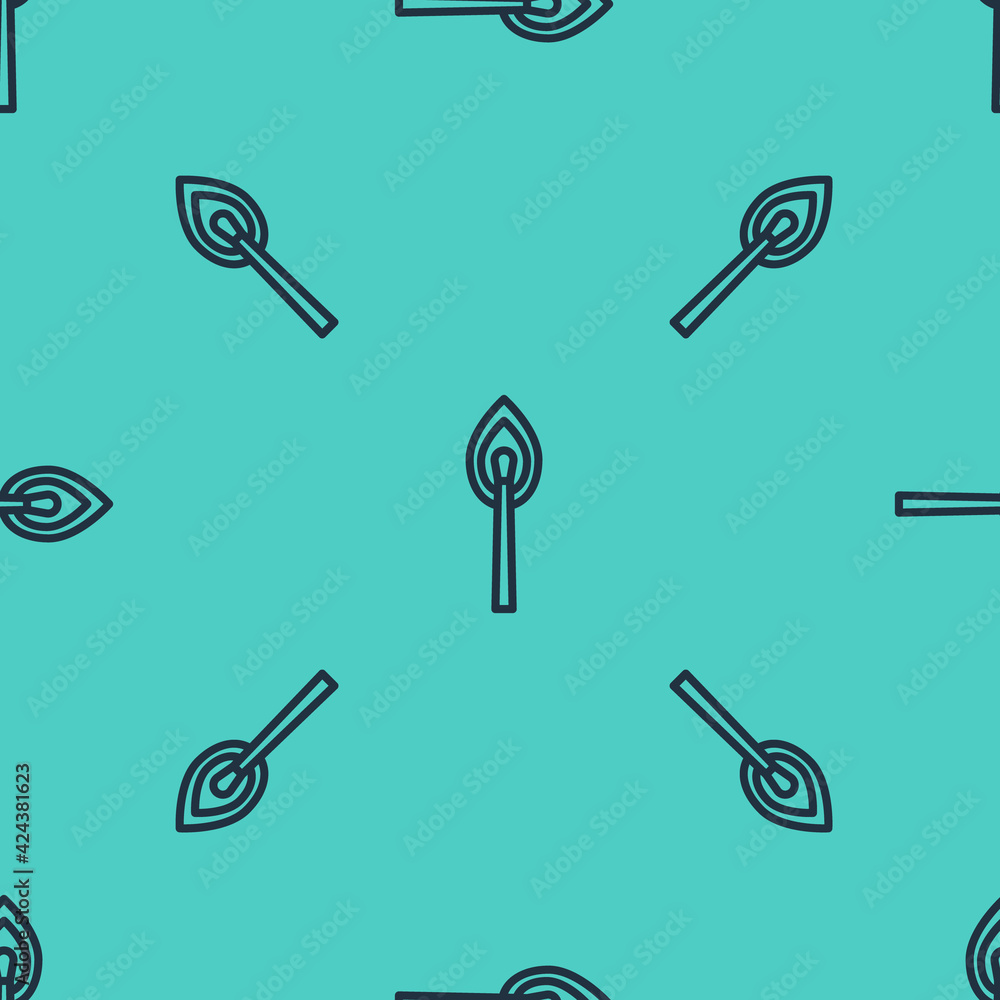 Poster black line burning match with fire icon isolated seamless pattern on green background. match with fi
