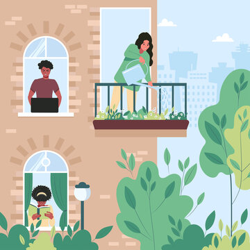Neighbors in their apartments are busy with their daily activities. Through the windows of the house, one can see a freelance man, a girl reading a book, and a woman watering flowers on the balcony.
