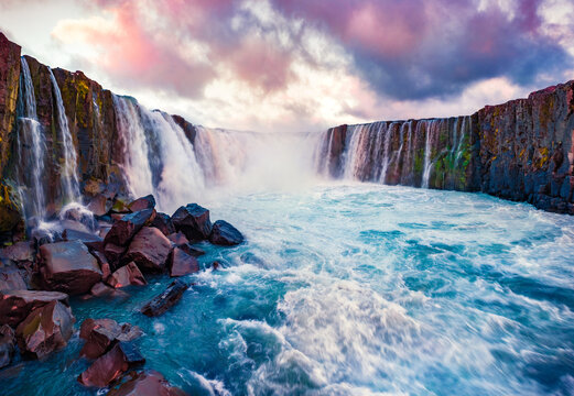 Beautiful Nordic scenery. Fantastic morning view from the down of canyon of Selfoss Waterfall. Picturesque summer scene of Jokulsa a Fjollum river, Jokulsargljufur National Park, Iceland, Europe © Andrew Mayovskyy