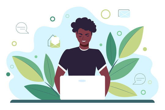 Young African American man works behind a laptop monitor. Distance learning online or remote work. Flat vector illustration.