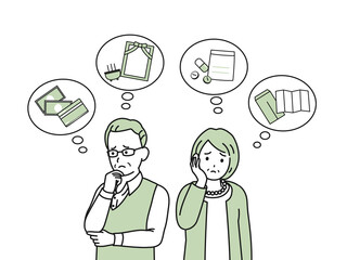 老後を考える老夫婦　余生　不安　悩み　シニア　年配　高齢者　男女　イラスト素材