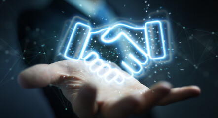 Man using partnership neon blue interface 3D rendering