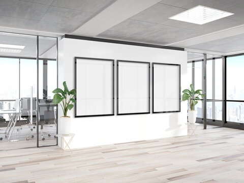 Three vertical frames Mockup hanging on wall. Mock up of billboards in modern wooden office interior 3D rendering