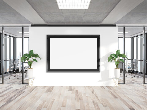 Black Horizonal Frame Mockup Hanging On Wall. Mock Up Of A Billboard In Modern Wooden Office Interior 3D Rendering