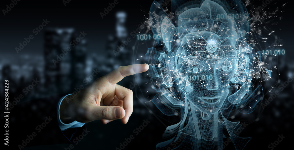Poster man hand using digital artificial intelligence holographic projection 3d rendering