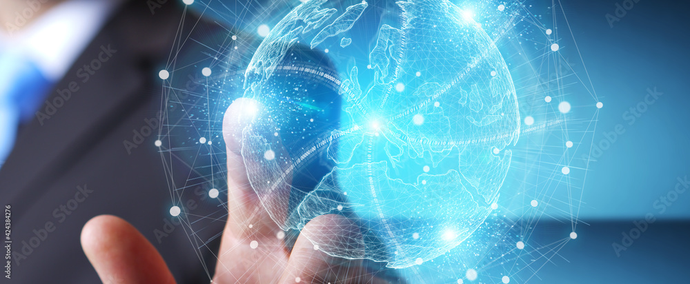 Aufkleber Businessman using Europe map globe network hologram 3D rendering