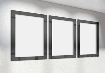 Three vertical frames Mockup hanging on wall. Mock up of billboards in modern concrete office interior 3D rendering