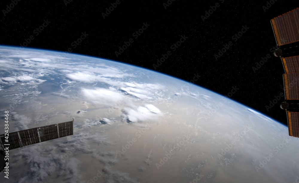 Poster view of planet earth from a space station window during a sunrise 3d rendering elements of this imag
