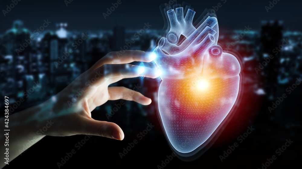 Poster Man hand using digital x-ray of human heart holographic scan projection 3D rendering